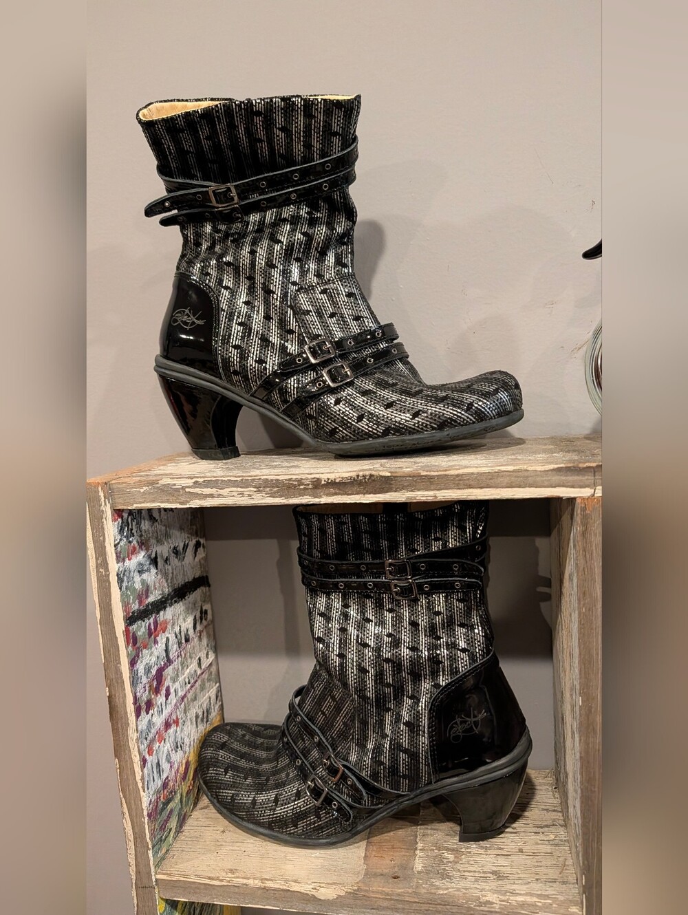 Eject Black Textured Leather Mid-Calf Heeled Boots with Buckle Straps Portugal
